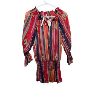 Rancho Estancia Blouse Women's XL Colorful Sheer Smocked Shirt Top Boho NWT